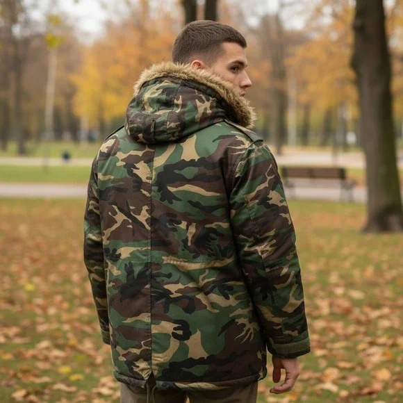 DODECA Vintage Y2K‎ Men's 6XL Woodland Camo Parka Fur Hood Winter Jacket NWT